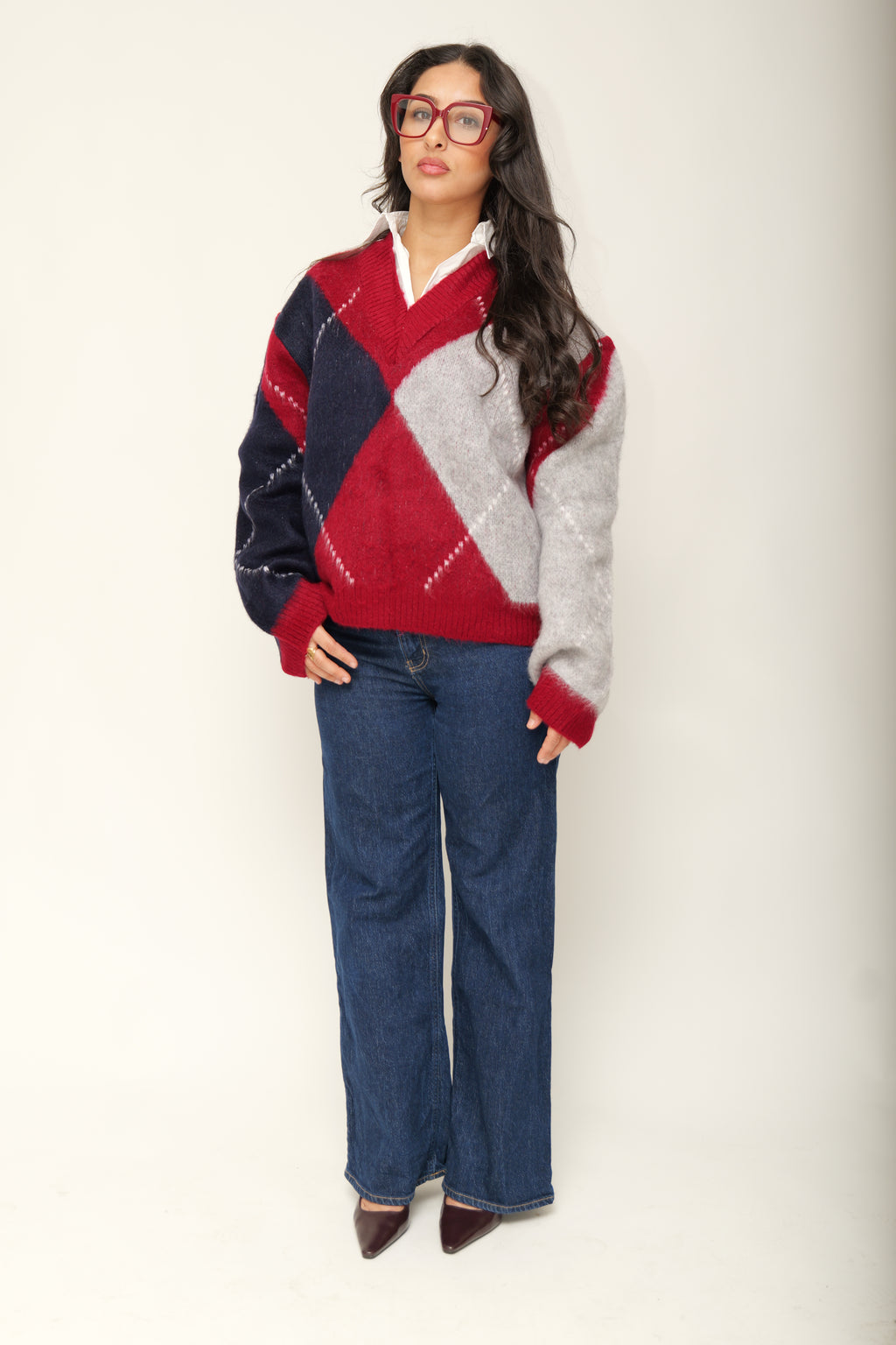 Pull en maille jacquard col V