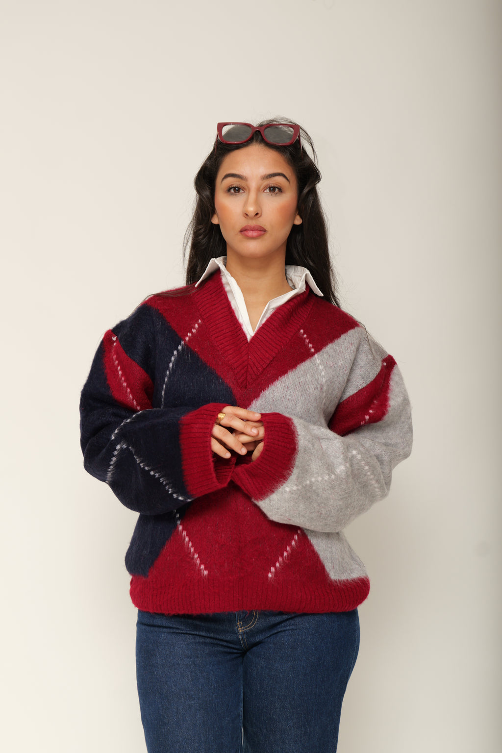 Pull en maille jacquard col V