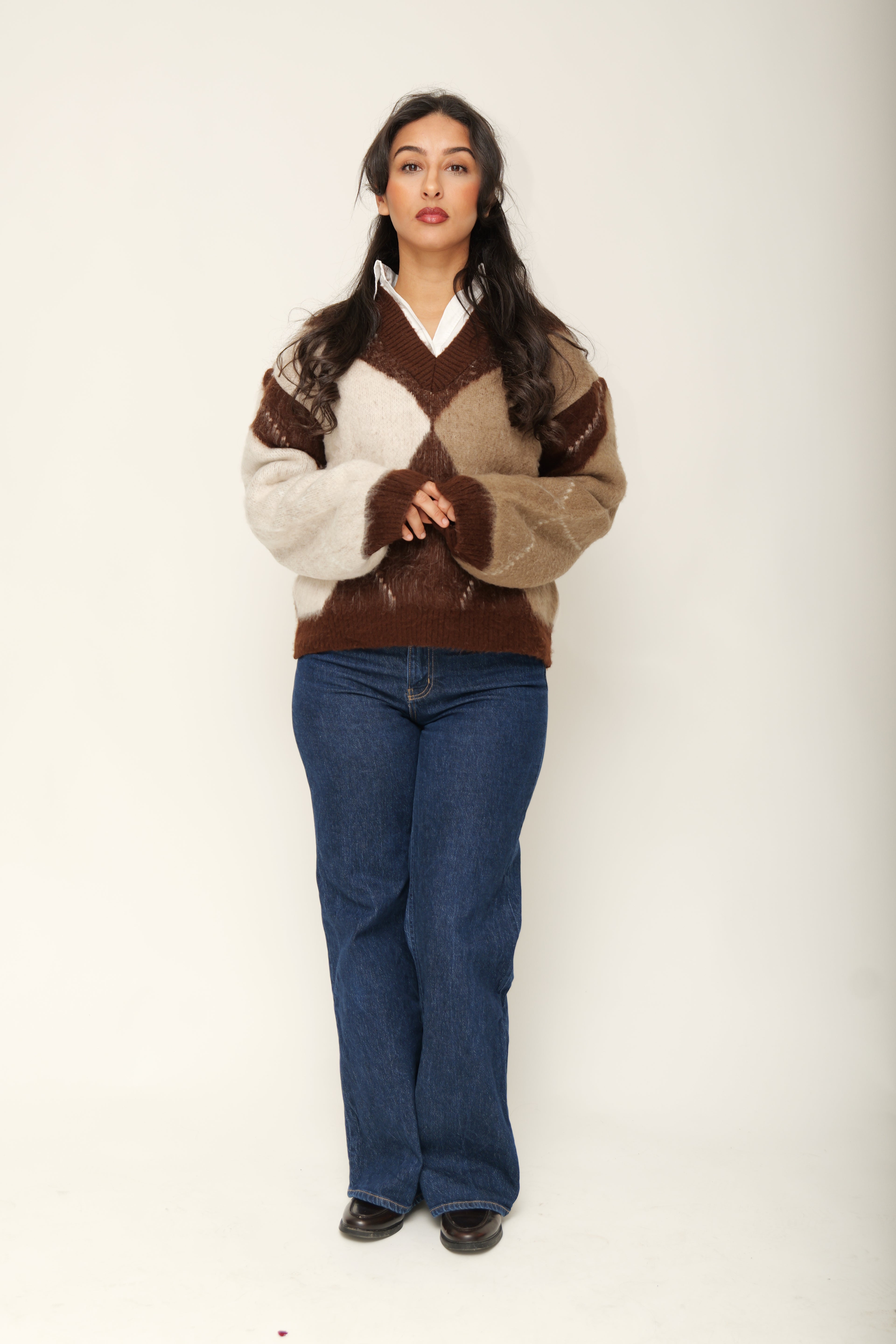 Pull en maille jacquard col V