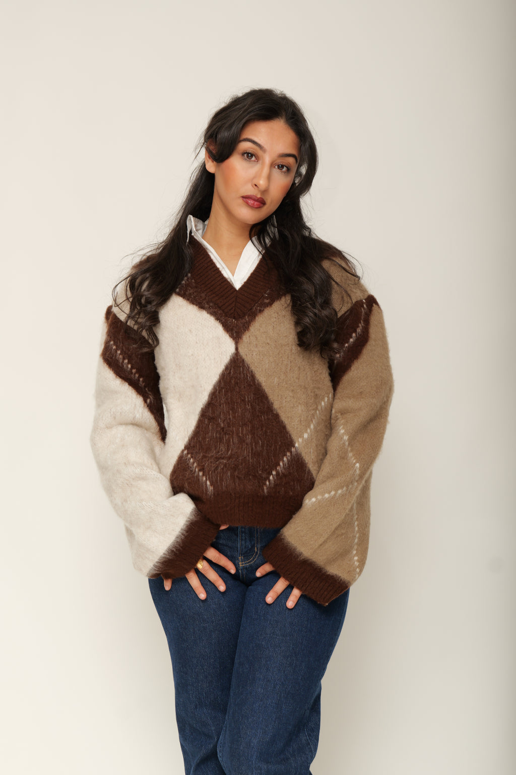 Pull en maille jacquard col V